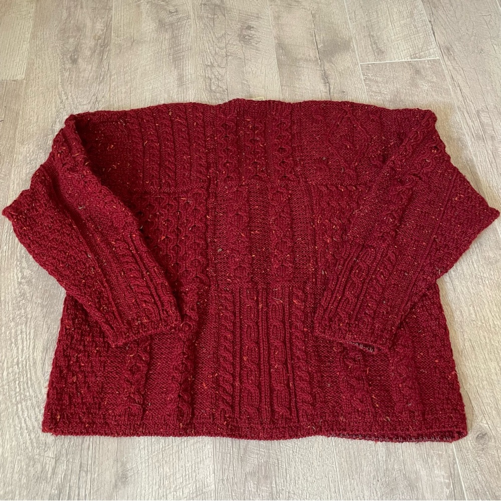 Carrig Donn Aran Irish Wool Fisherman Patchwork Boxy Sweater large Marled Red - Picture 6 of 6